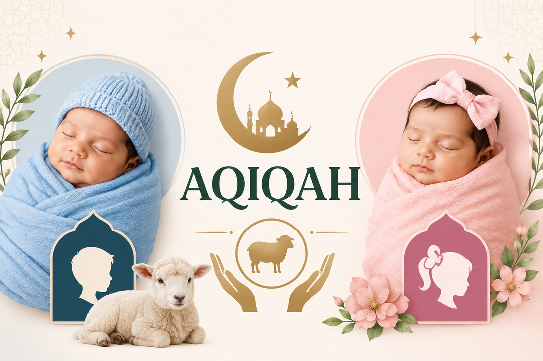 Aqiqah for a boy or girl with newborn baby and sheep Islamic banner