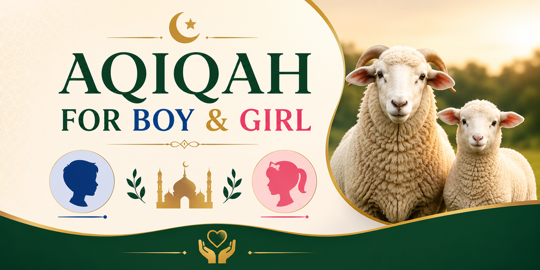 Aqiqah for boy and girl Islamic banner with sheep and lamb, mosque icons and green gold design