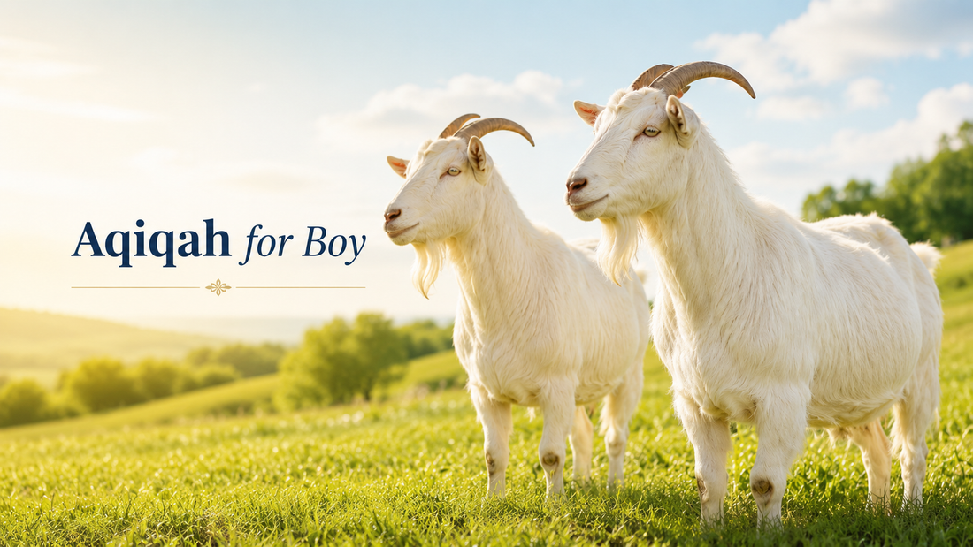 Aqiqah for boy banner featuring two healthy adult white goats standing in a peaceful green field.