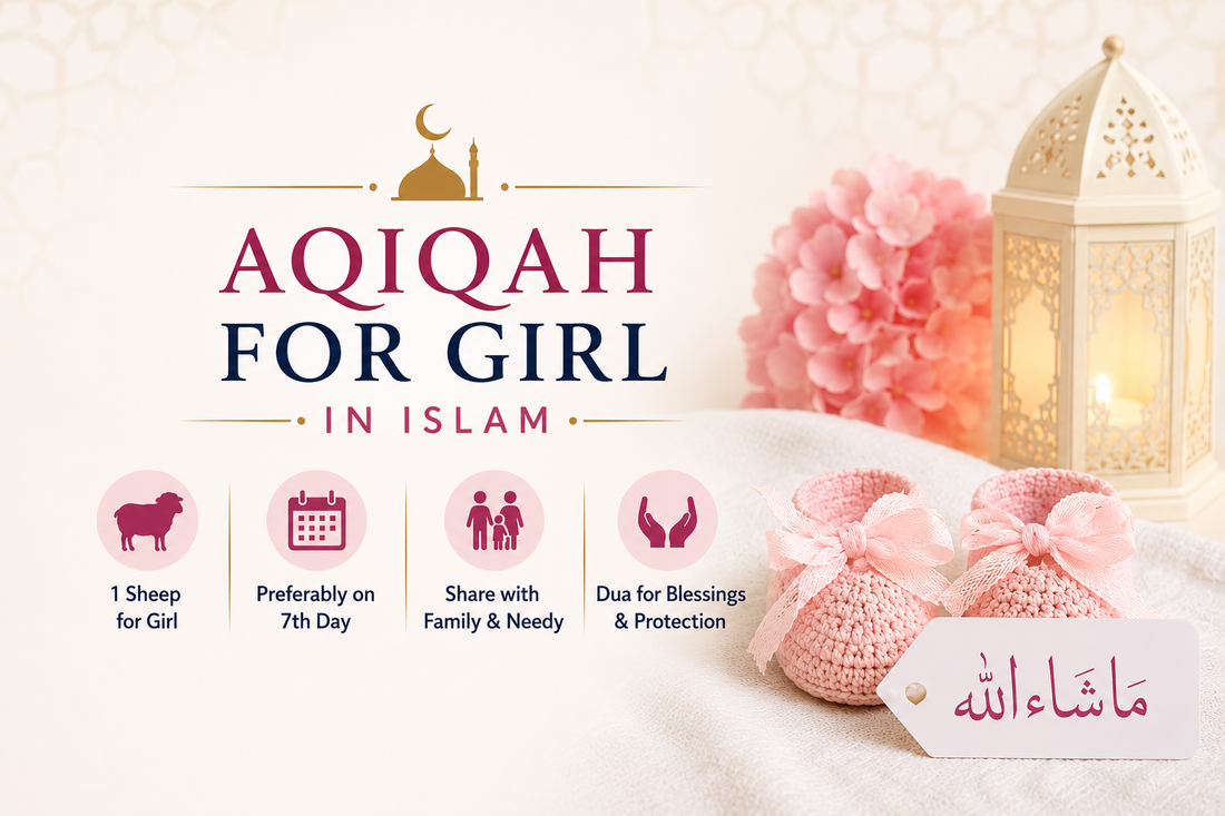Aqiqah for a baby girl in Islam with one sheep, seventh-day guidance, family sharing, dua and Islamic baby décor