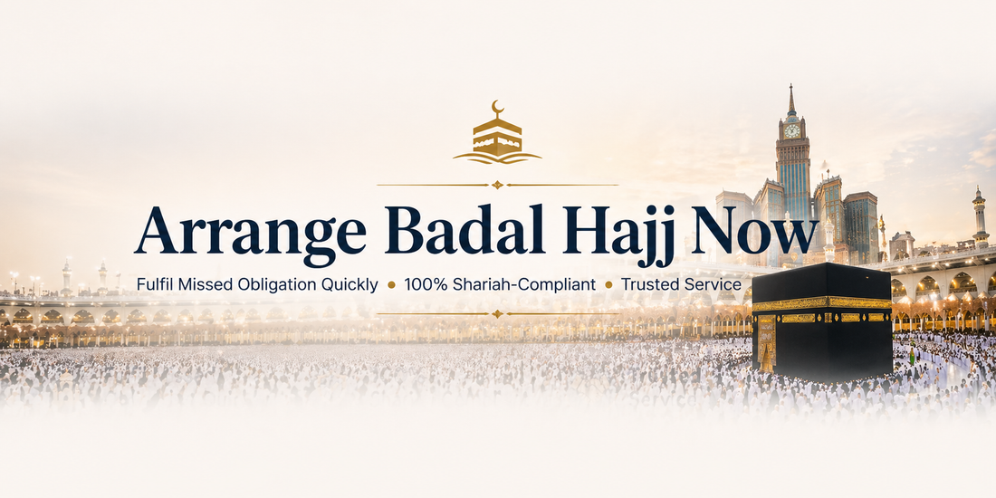 Arrange Badal Hajj Now banner with Kaaba in Makkah and pilgrims performing Tawaf