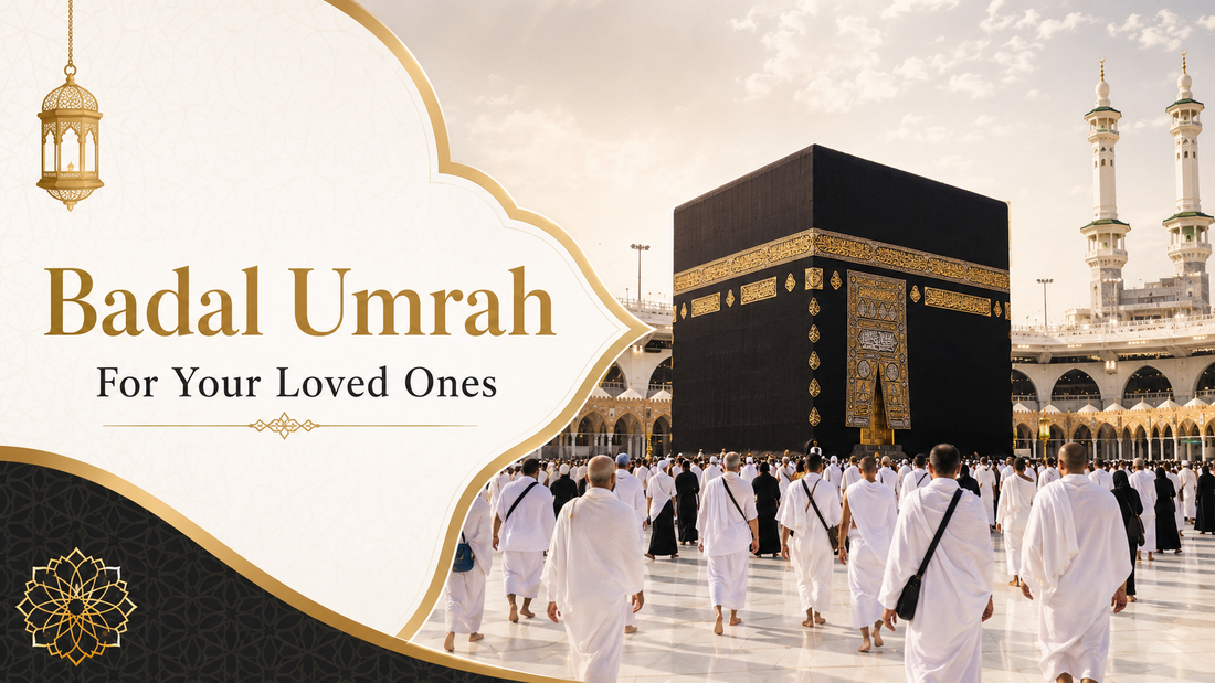 Elegant Badal Umrah banner showing the Kaaba with pilgrims performing Umrah and the text “Badal Umrah For Your Loved Ones”
