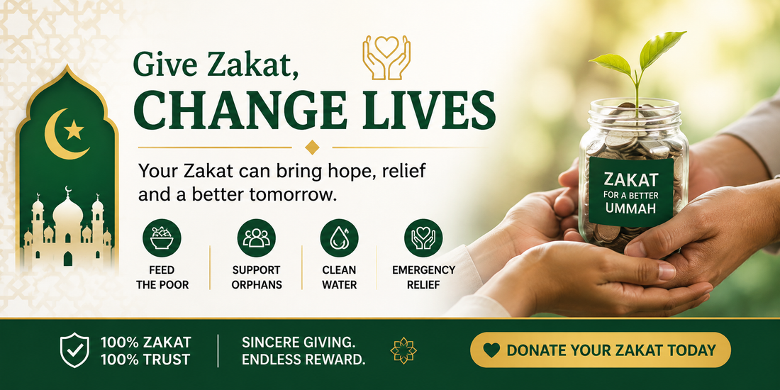 Give Zakat Change Lives charity banner for Islamic donations and emergency relief.