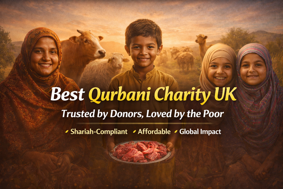 Best Qurbani Charity UK banner showing smiling families with fresh meat and text “Trusted by Donors, Loved by the Poor”