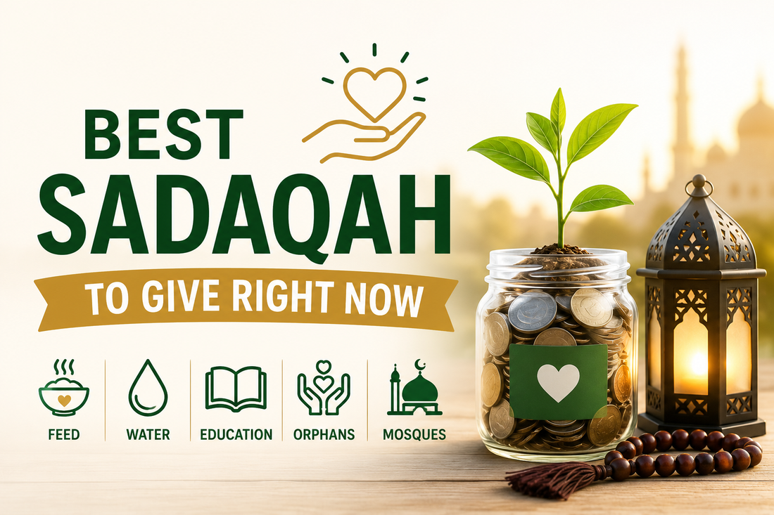 Best Sadaqah to give right now with charity jar, Islamic lantern, prayer beads and icons for food, water, education, orphans and mosque support