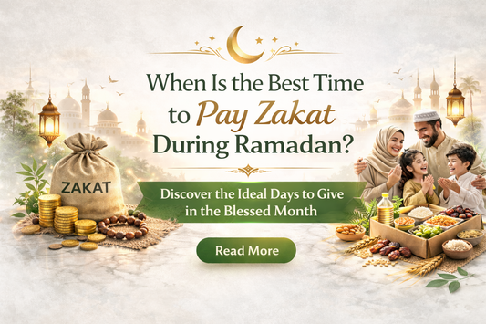 Premium Ramadan banner asking “When Is the Best Time to Pay Zakat During Ramadan?” featuring Zakat sack with gold coins, mosque silhouettes, crescent moon, and family sharing food on soft cream background