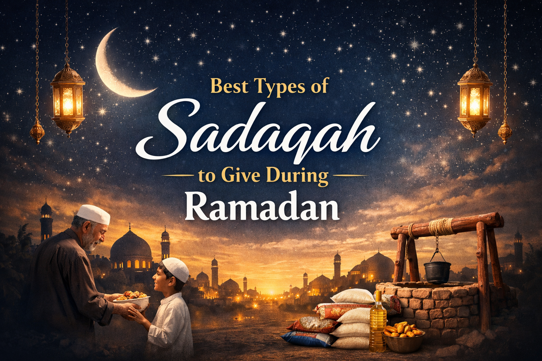 Best Types of Sadaqah to Give During Ramadan banner with crescent moon, mosque skyline, lanterns, food charity and water well illustration