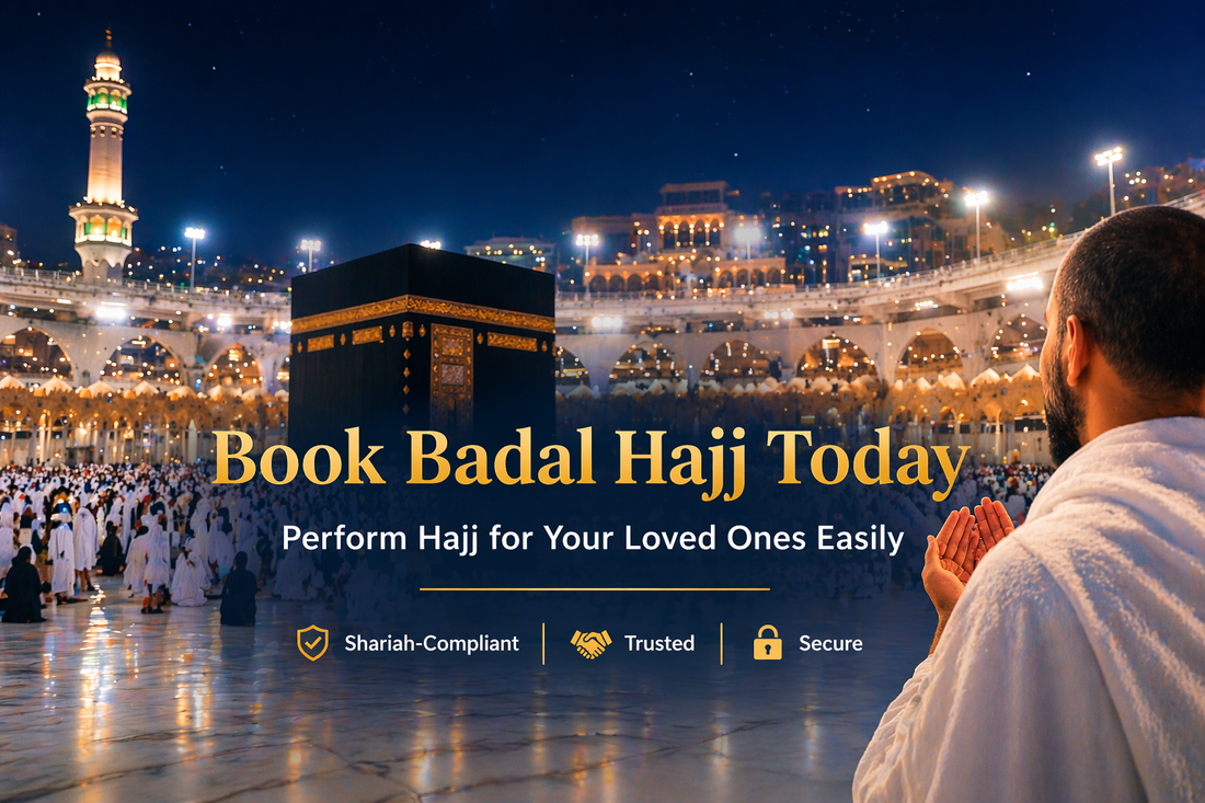 Badal Hajj banner with Kaaba in Mecca at night and centered text “Book Badal Hajj Today – Perform Hajj for Your Loved Ones Easily”