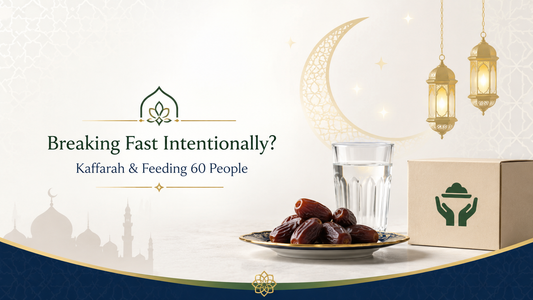 Islamic Ramadan banner about breaking fast intentionally, kaffarah, feeding 60 poor people, dates, water and charity box.