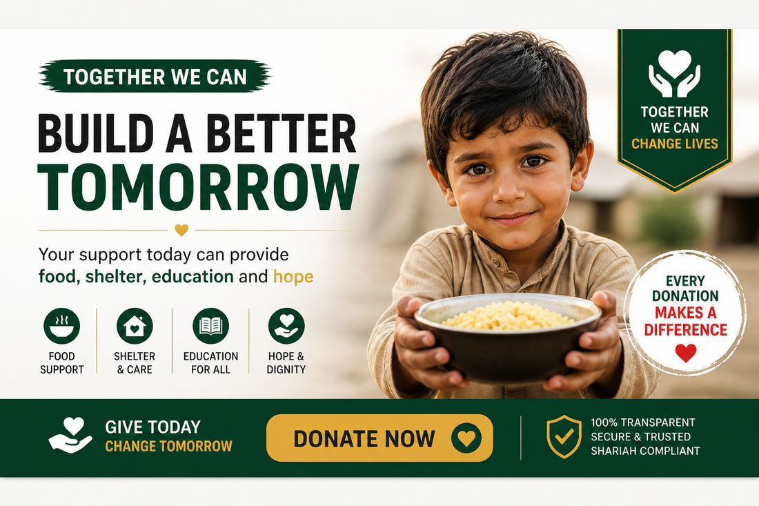 Donate to charity banner showing a hopeful message “Build a Better Tomorrow” with call-to-action donate now, highlighting food support, shelter, education, and hope in a clean green and gold design.