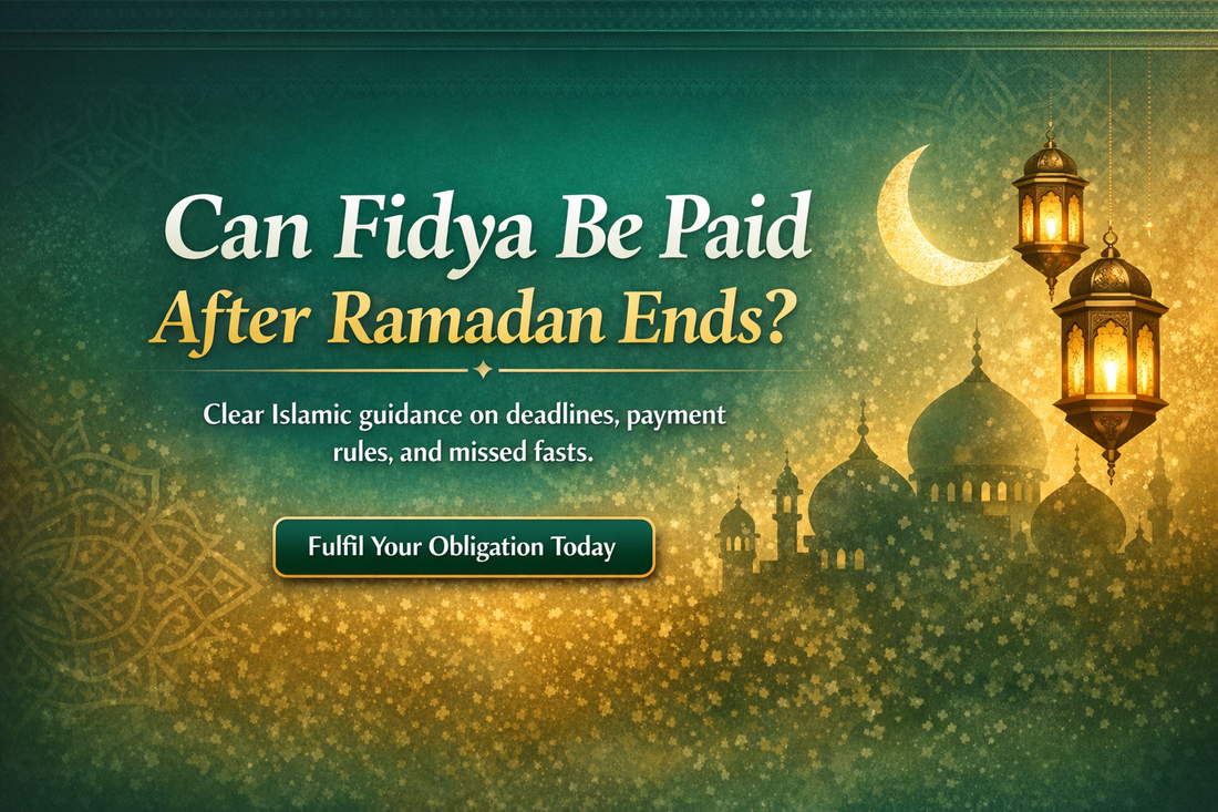 Can Fidya Be Paid After Ramadan Ends banner with Islamic mosque silhouette, crescent moon and lanterns explaining Fidya payment rules for missed fasts