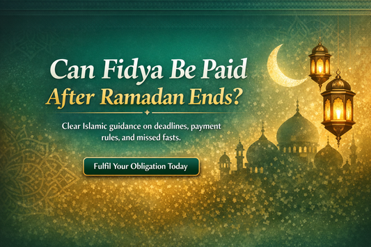 Can Fidya Be Paid After Ramadan Ends banner with Islamic mosque silhouette, crescent moon and lanterns explaining Fidya payment rules for missed fasts
