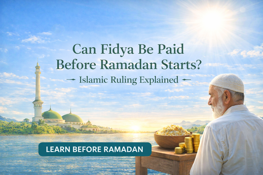 Islamic guidance explaining whether Fidya can be paid before Ramadan, with mosque imagery and soft green background
