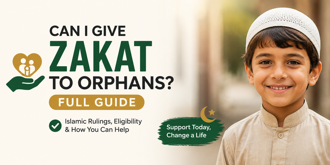 Horizontal Islamic charity banner with smiling orphan child and bold text reading “Can I Give Zakat to Orphans? Full Guide” highlighting Islamic rulings, eligibility, and supporting needy orphans through Zakat.