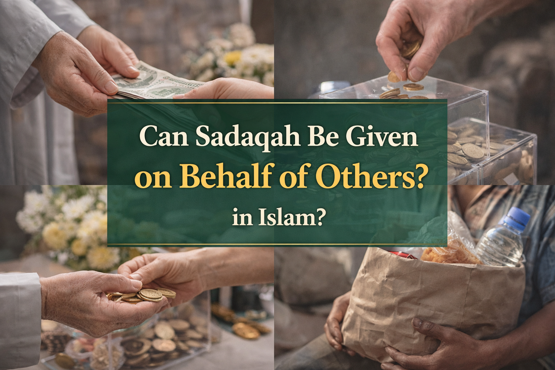 Charity donation banner showing hands giving money and food with text Can Sadaqah Be Given on Behalf of Others in Islam centred
