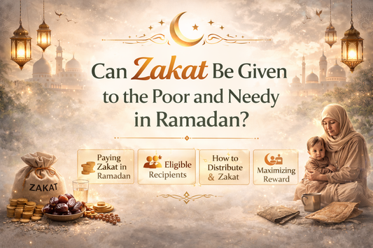 Ramadan banner with centred text “Can Zakat Be Given to the Poor and Needy in Ramadan?” featuring crescent moon, mosque silhouettes, Zakat sack with coins, dates, and a mother holding a child on soft gold background