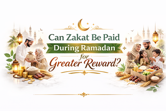 Elegant white Ramadan blog banner asking “Can Zakat Be Paid During Ramadan for Greater Reward?” with mosque silhouettes, crescent moon, and scenes of charity