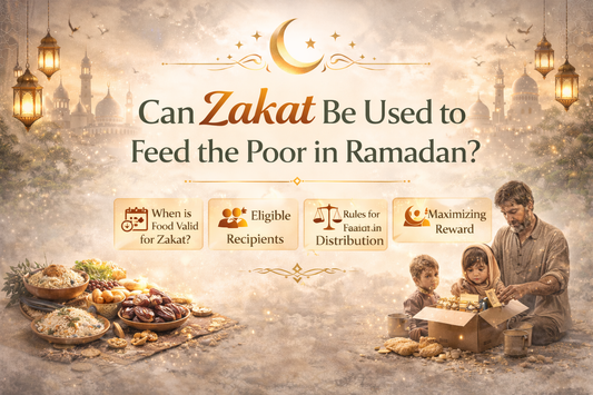 Ramadan banner with centred text “Can Zakat Be Used to Feed the Poor in Ramadan?” featuring crescent moon, mosque silhouettes, food dishes, and a poor father with children on a soft gold background