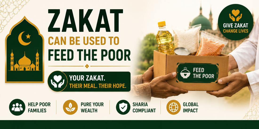 Small Islamic Zakat banner featuring food aid box and helping hands with green and gold design promoting feeding the poor through Zakat donations.