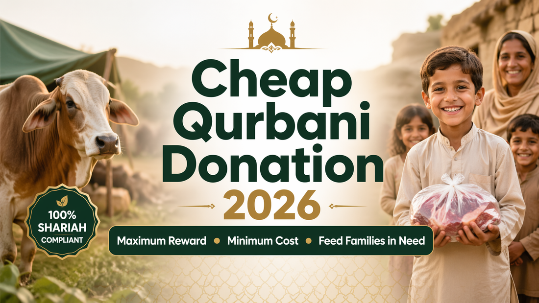 Cheap Qurbani Donation 2026 banner showing a family receiving meat and a cow in rural setting symbolising affordable Eid sacrifice and helping the needy