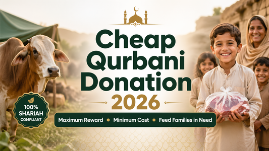 Cheap Qurbani Donation 2026 banner showing a family receiving meat and a cow in rural setting symbolising affordable Eid sacrifice and helping the needy