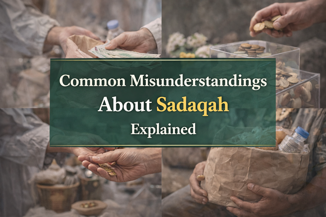 Common Misunderstandings About Sadaqah banner with centred text and charity visuals of helping hands and donations