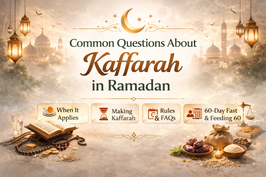 Elegant Ramadan banner titled “Common Questions About Kaffarah in Ramadan” with centred text, crescent moon, mosque silhouettes, Quran, dates, scales of justice, and soft gold lanterns on a warm cream background
