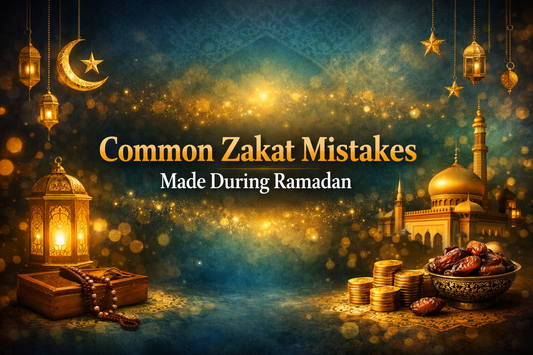 Common Zakat Mistakes Made During Ramadan banner with Islamic lanterns, crescent moon, mosque, dates, and gold coins on a blue and gold background.