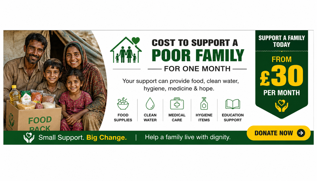 Horizontal charity banner featuring a poor family with food support and centred donation text about helping provide food, clean water, hygiene, and medical care from £30 per month.