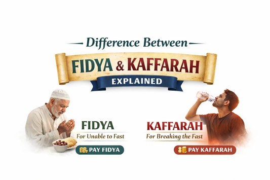 Difference between Fidya and Kaffarah explained banner showing elderly man praying for Fidya and man drinking water for Kaffarah with Ramadan mosque background