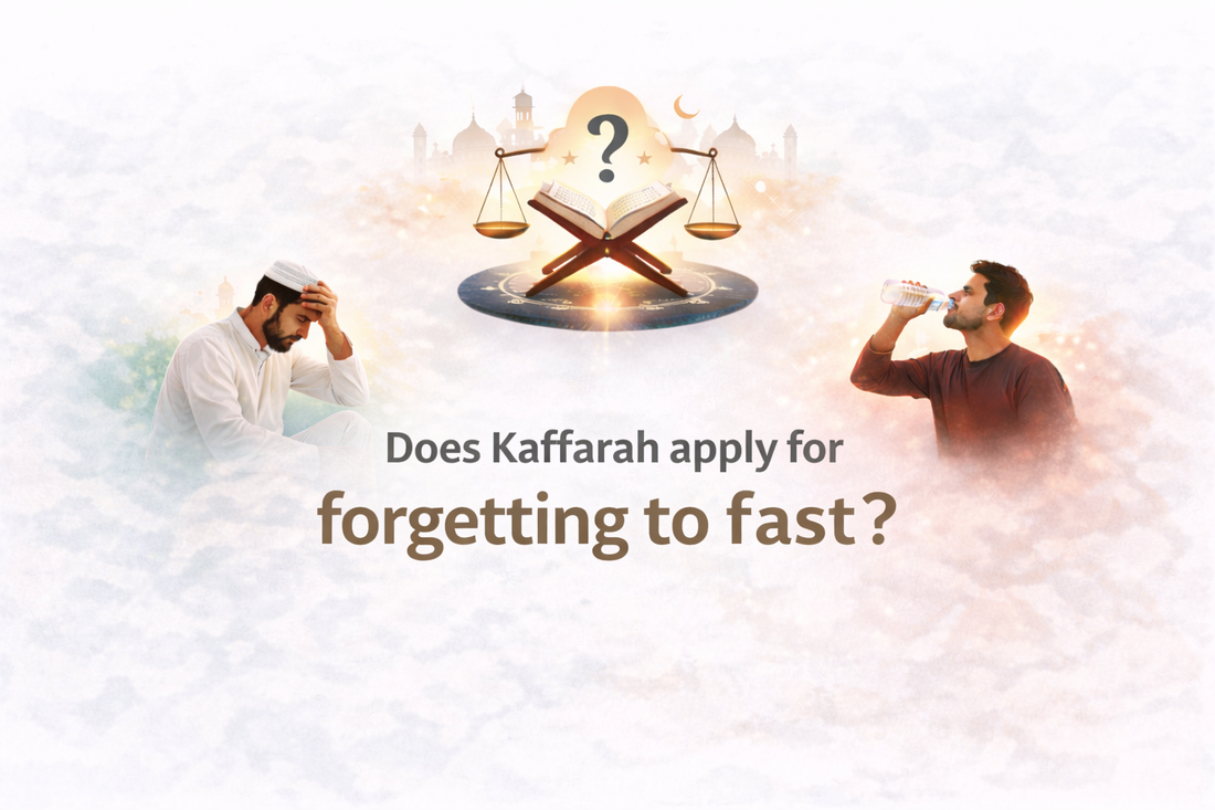 Minimal Islamic banner with centred text “Does Kaffarah Apply for Forgetting to Fast?” featuring Quran illustration and visual comparison between forgetting and intentional fast breaking