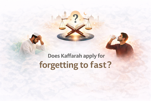 Minimal Islamic banner with centred text “Does Kaffarah Apply for Forgetting to Fast?” featuring Quran illustration and visual comparison between forgetting and intentional fast breaking