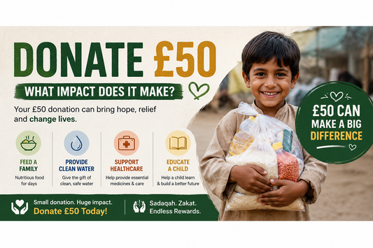 Donate £50 charity banner showing a smiling child holding a food pack with message about feeding families, clean water, healthcare, and education support.