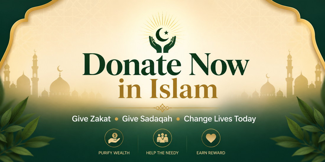 Donate Now in Islam banner with Zakat and Sadaqah message encouraging charity and helping those in need