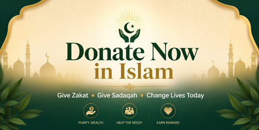 Donate Now in Islam banner with Zakat and Sadaqah message encouraging charity and helping those in need
