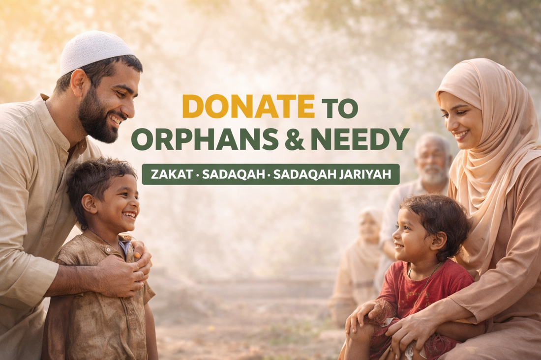 Muslim family showing kindness to orphan children with “Donate to Orphans & Needy – Zakat, Sadaqah, Sadaqah Jariyah” text in the center