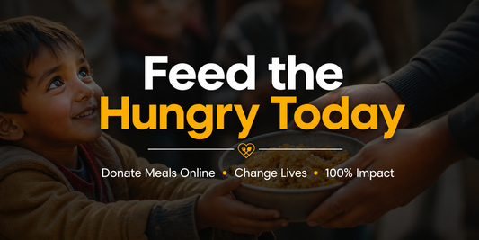 Feed the Hungry Today banner showing a child receiving food with message Donate Meals Online Change Lives 100% Impact