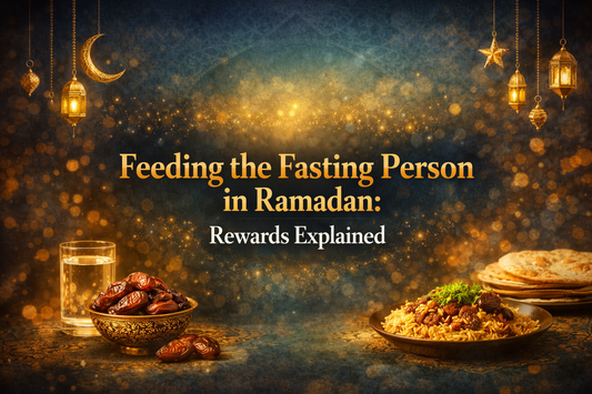 Feeding the Fasting Person in Ramadan rewards explained banner with dates, water, biryani plate, lanterns, and crescent moon on a blue and gold Ramadan background.
