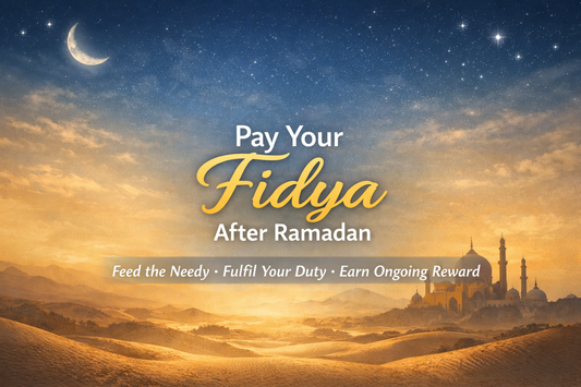 Pay Your Fidya After Ramadan banner with crescent moon, desert landscape and mosque, featuring centred text and Islamic charity message