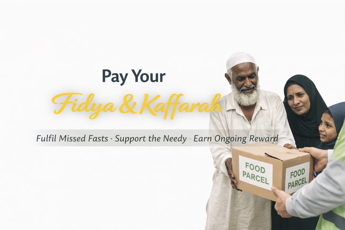 Pay Your Fidya & Kaffarah banner with centred text on clean white background showing people receiving food parcels, highlighting Islamic charity and support for the needy