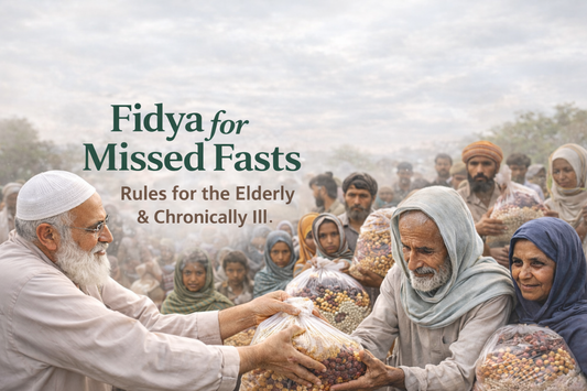 Muslim volunteers distributing food bags containing rice, lentils, chickpeas, and dates to the poor as Fidya compensation for missed Ramadan fasts