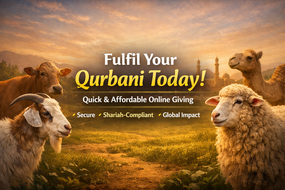 Fulfil Your Qurbani Today banner showing goat, sheep, cow and camel with mosque background and text “Quick & Affordable Online Giving”