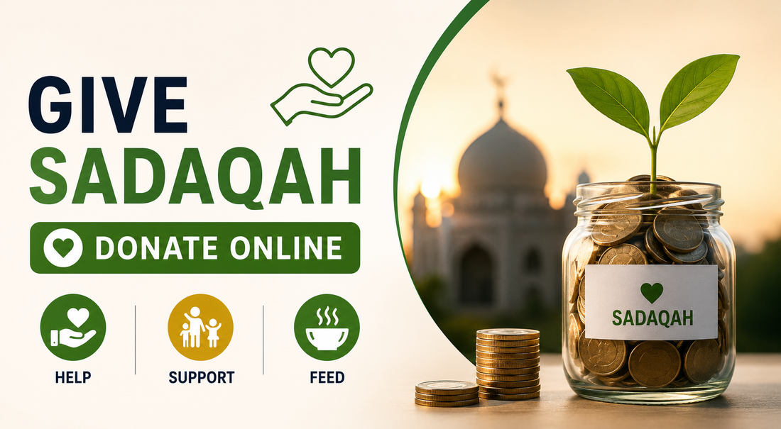 Sadaqah online donation banner showing charity jar, coins, growing plant, mosque background and simple donate online message.