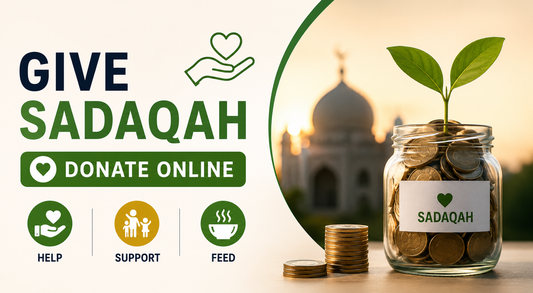 Sadaqah online donation banner showing charity jar, coins, growing plant, mosque background and simple donate online message.