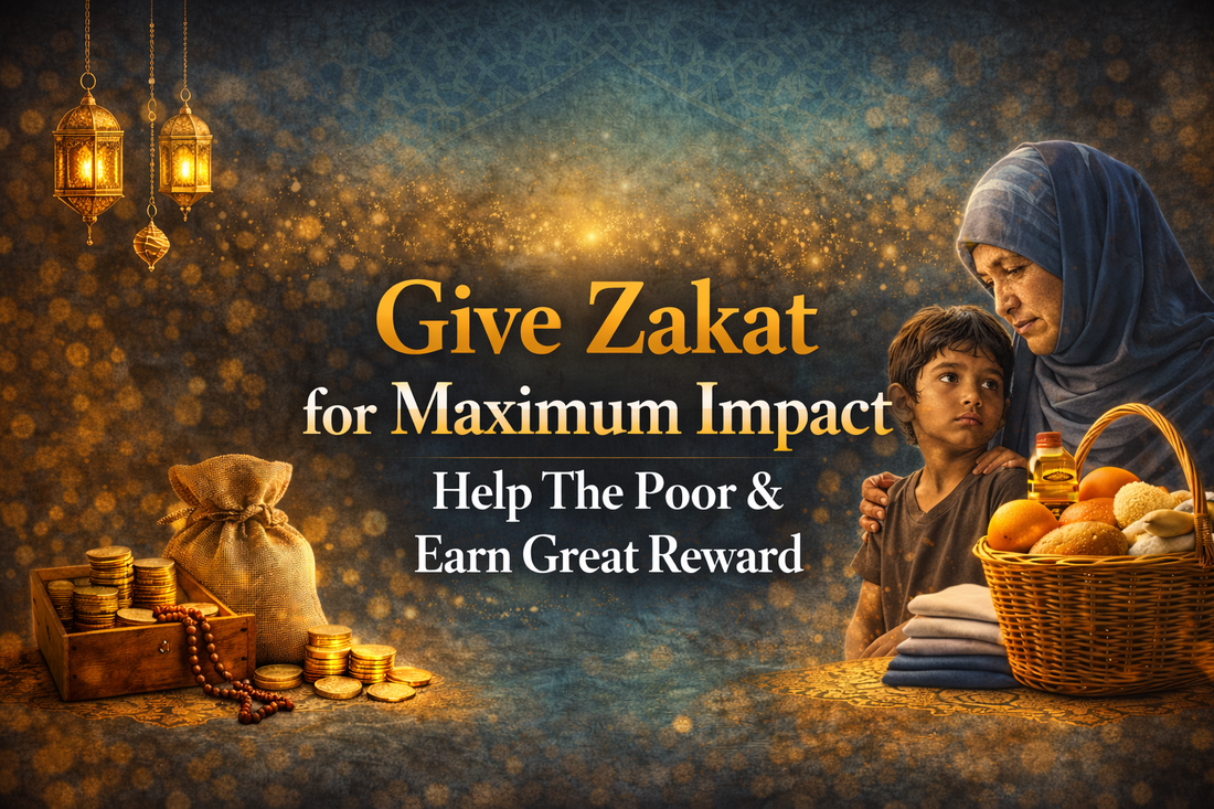 Give Zakat for Maximum Impact banner showing charity coins, lanterns, poor mother and child, and food basket on a Ramadan-themed blue and gold background.