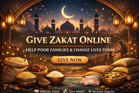 Give Zakat online banner with mosque silhouette, crescent moon, lanterns and text “Give Zakat Online – Help Poor Families & Change Lives Today
