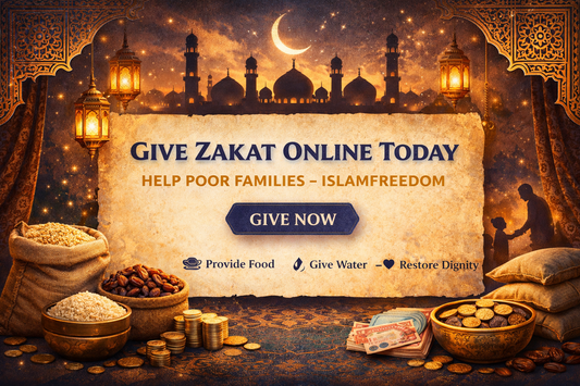 Give Zakat online banner with mosque silhouette, crescent moon, lanterns and text “Give Zakat Online Today – Help Poor Families – IslamFreedom” with “Give Now” button.