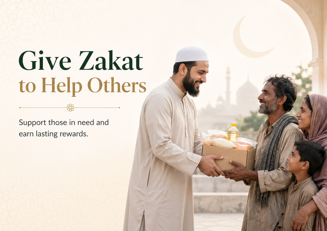 Muslim man giving a Zakat food parcel to a family in need
