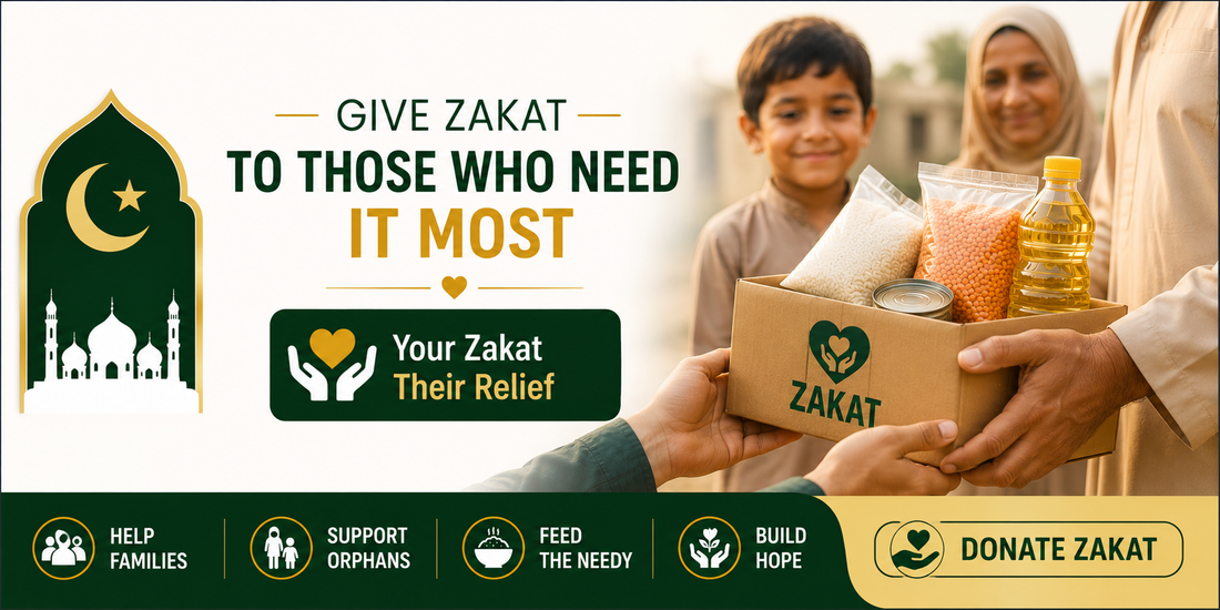 Small Zakat charity banner showing a family receiving a food aid box with green and gold Islamic design, promoting Zakat support for poor families, orphans, and those in need.