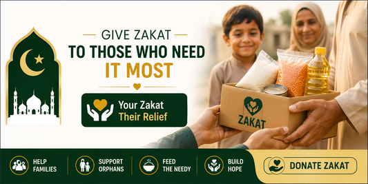 Small Zakat charity banner showing a family receiving a food aid box with green and gold Islamic design, promoting Zakat support for poor families, orphans, and those in need.